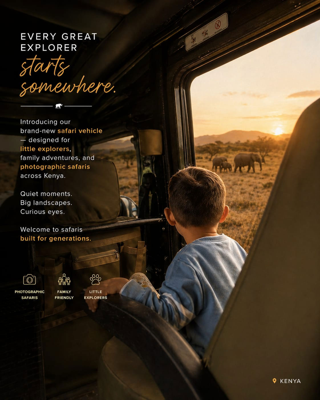 Safari jeep with lion at sunset